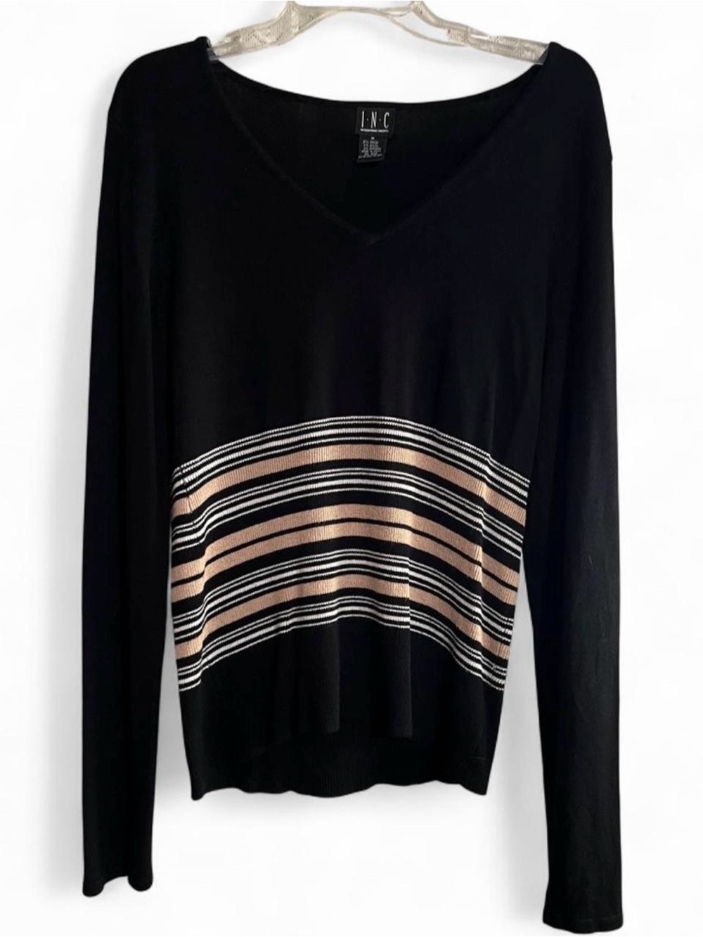 INC International Concepts Black Scoop-Neck Sweater with Metallic Stripe